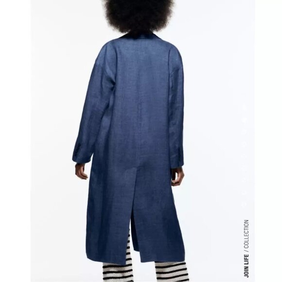 Zara Indigo Linen Trench Coat Duster size Small - Picture 4 of 10